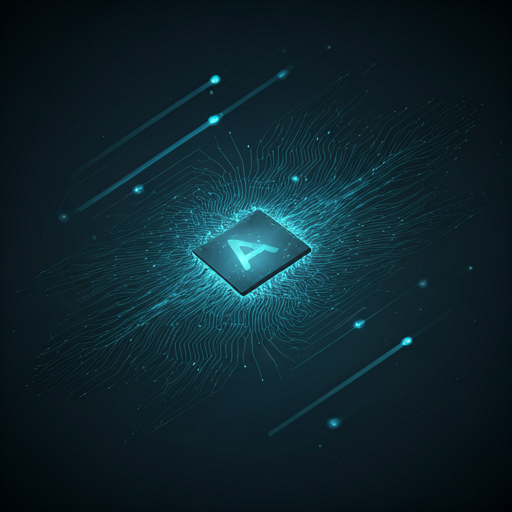 A sophisticated digital visualization of complex AI data flows and neural networks shimmering with tech cyan light. The background is a deep navy gradient, creating a futuristic and high-tech atmosphere. The imagery is clean and precise, symbolizing the advanced intelligence and technical prowess of an AI trade copilot.