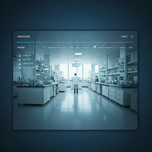 A professional, high-end wide shot of a modern laboratory environment featuring advanced medical equipment and sterile glass surfaces. The lighting is bright and high-key, reflecting a clean light-mode aesthetic with cool-toned color grading. Scientists in white lab coats work in the blurred background, creating a sense of clinical innovation and expertise. The palette is dominated by pristine whites, deep clinical blues, and subtle tech cyan accents.