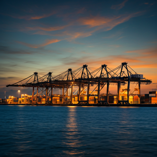 A cinematic, high-contrast photograph of a bustling Asian shipping terminal at twilight. Cargo cranes are silhouetted against a deep blue and orange sky, and rows of shipping containers represent global logistics and commerce. The image is cool-toned, professional, and sophisticated, aligning with the brand's heritage in international trade.
